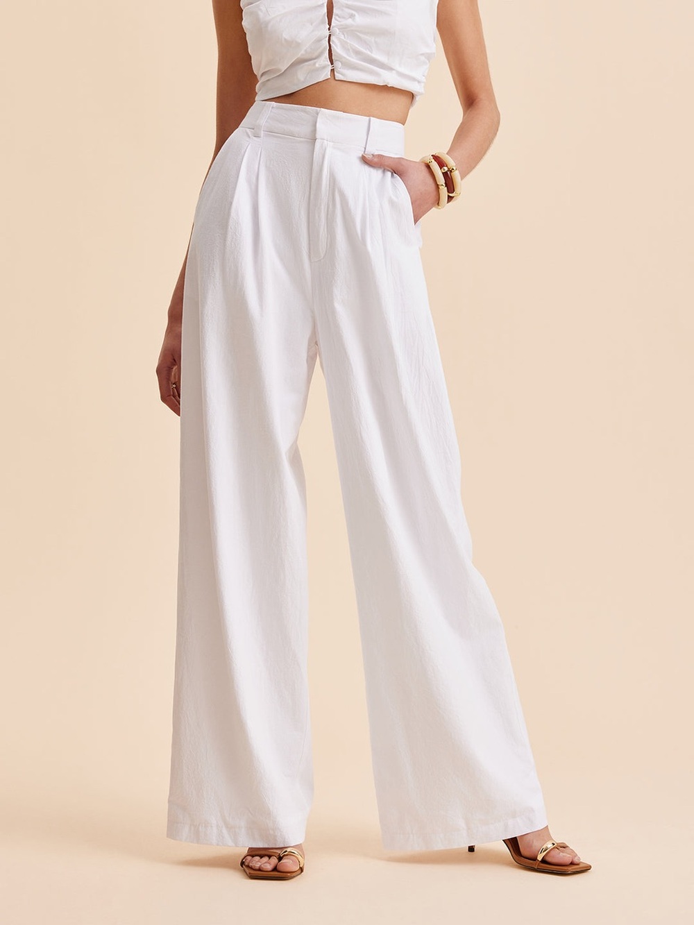 Commense High-Waist Wide-Leg White Cotton Pants